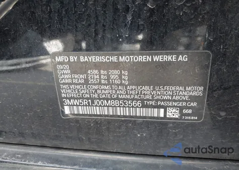 2021 BMW 330I z USA, uszkodzony, nr VIN 3MW5R1J00M8B53566